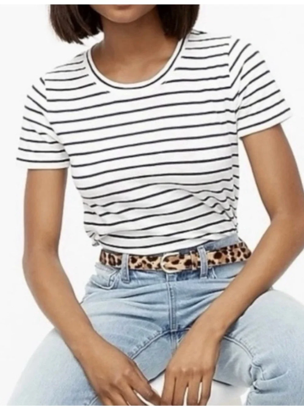 J.Crew Sz L Cotton Girlfriend Tee White & Black Stripes Classic French Chic EUC